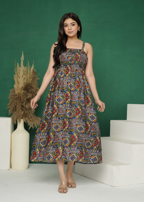 Siya Enterprises Women A-line Multicolor Midi/Calf Length Dress