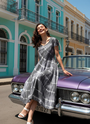 maaesa Women Fit and Flare Grey Midi/Calf Length Dress