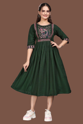 HOC's Women Fit and Flare Green Below Knee Dress