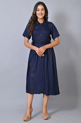 IQRAAR Women A-line Dark Blue Midi/Calf Length Dress