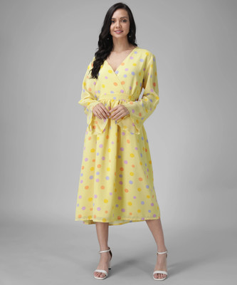 RUDRAKRITI Women A-line Yellow Midi/Calf Length Dress