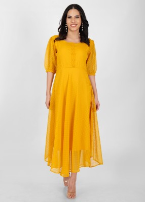 HIZA Women Fit and Flare Yellow Dress