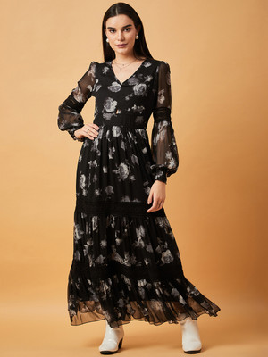 DRAPE AND DAZZLE Women Fit and Flare Black, Grey Maxi/Full Length Dress