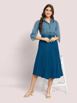 Raiyani Enterprise Women Fit and Flare Blue, White Dress