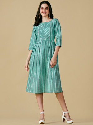 Glomee Women Fit and Flare Green, White Midi/Calf Length Dress