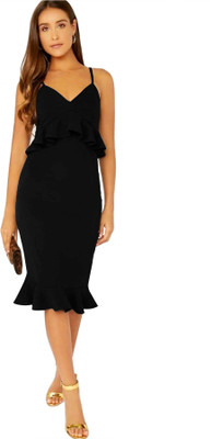 Alekya Women A-line Black Midi/Calf Length Dress