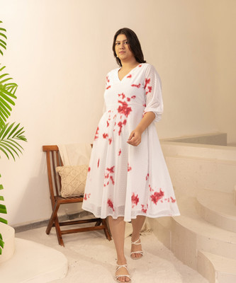 Janasya Women Fit and Flare White Midi/Calf Length Dress