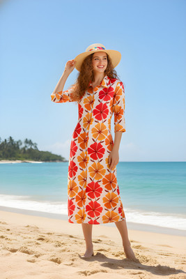 Mayaavi Women A-line Red, Yellow, White Midi/Calf Length Dress