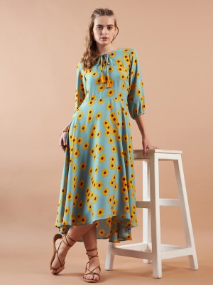 Freehand Women A-line Light Blue, Yellow, Black Dress