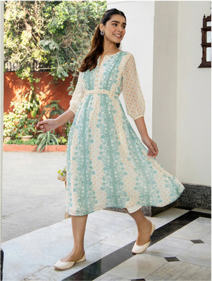 Janasya Women Fit and Flare Multicolor Midi/Calf Length Dress