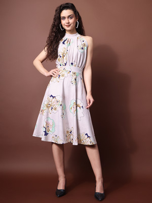 PURVAJA Women Fit and Flare Beige Knee Length Dress
