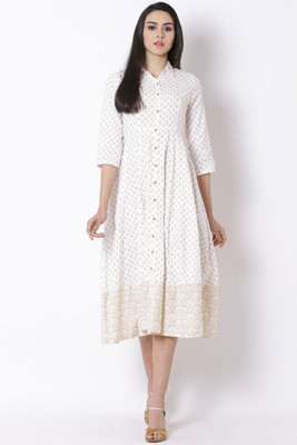 RANGRITI Women A-line White Midi/Calf Length Dress