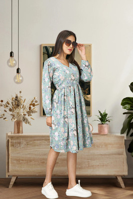 HOC's Women Fit and Flare Light Green Knee Length Dress