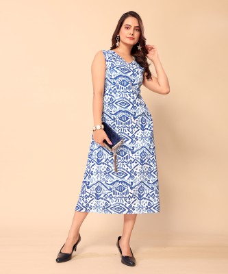 FashFun Women A-line White, Blue Dress