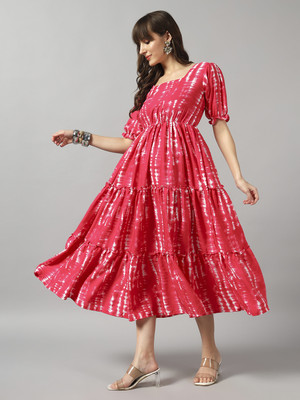Jash Creation Women Fit and Flare Pink Maxi/Full Length Dress