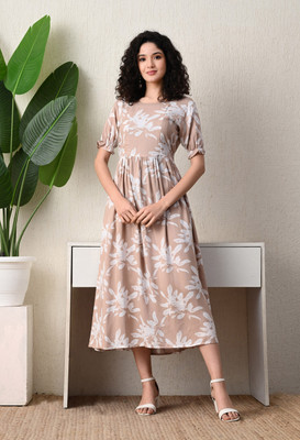 ichaa Women Fit and Flare Beige Midi/Calf Length Dress