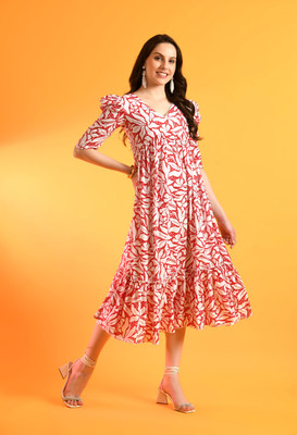 METRONAUT Women Fit and Flare Pink Midi/Calf Length Dress
