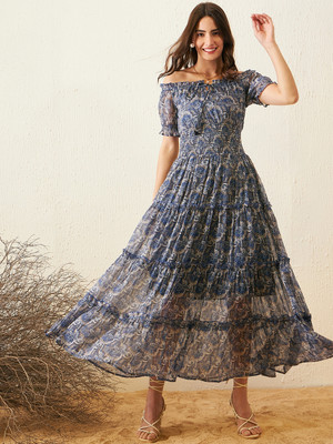 RARE Women Fit and Flare Blue Maxi/Full Length Dress