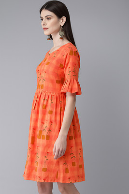 Bollyqueen Women A-line Orange Below Knee Dress