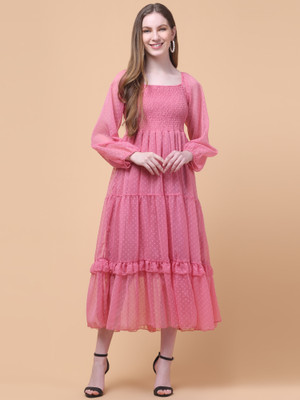 Classi Kaari Women Fit and Flare Pink Midi/Calf Length Dress