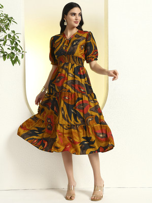 amar fashion Women Fit and Flare Yellow Maxi/Full Length Dress