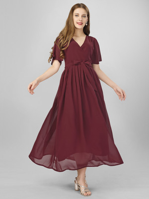 AHANA Women Gown Maroon Midi/Calf Length Dress