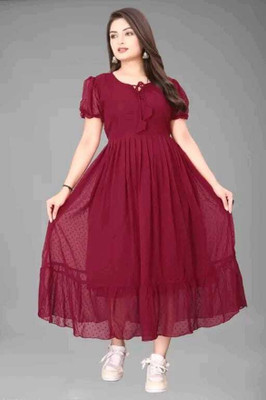 Inndig Women A-line Red Midi/Calf Length Dress