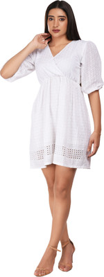 RAAVE Women A-line White Above Knee/Mid Thigh Length Dress