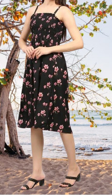 GLAMHOOD Women Fit and Flare Black Midi/Calf Length Dress