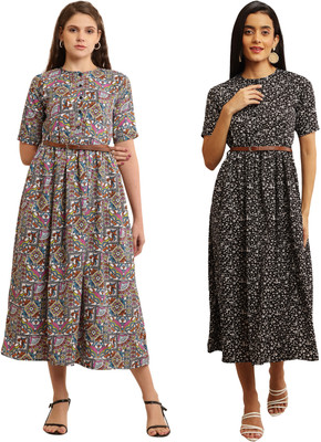 HEAVENS CREATIONS Women Fit and Flare Multicolor Midi/Calf Length Dress