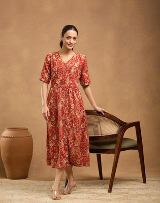 Fabindia Women Fit and Flare Multicolor Midi/Calf Length Dress