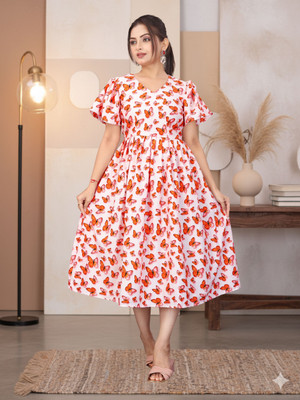 HIT FASHION HUB Women Fit and Flare Red, White Midi/Calf Length Dress