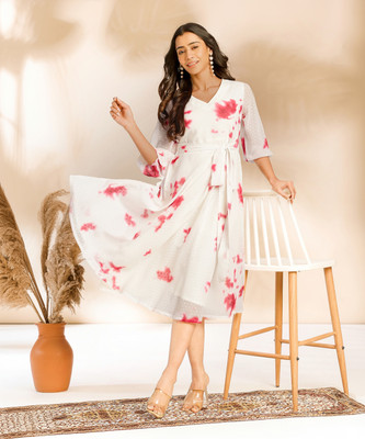 Janasya Women Fit and Flare Red, White Midi/Calf Length Dress