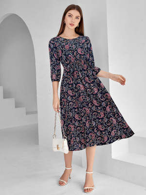 KERI PERRY Women Fit and Flare Dark Blue Midi/Calf Length Dress