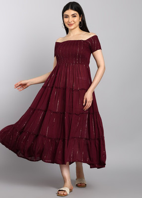 SATHRAY Women A-line Maroon Below Knee Dress
