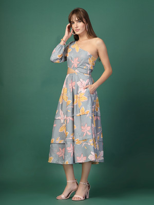 Oomph! Women Asymmetric Grey Midi/Calf Length Dress