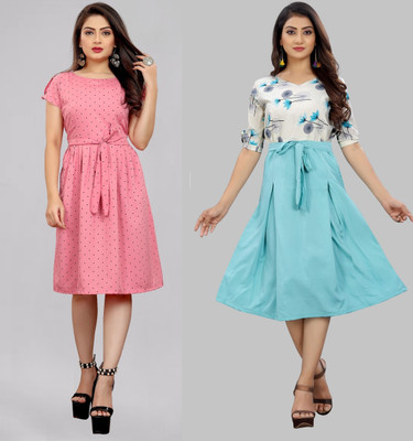 Hiral Creation Women Fit and Flare Multicolor Knee Length Dress
