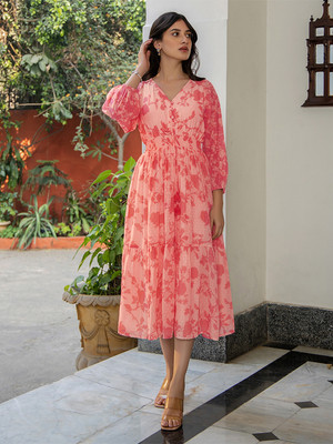 Janasya Women Fit and Flare Pink Midi/Calf Length Dress