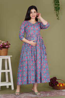 Gulabi Jaipur Women Fit and Flare Blue, Pink Midi/Calf Length Dress