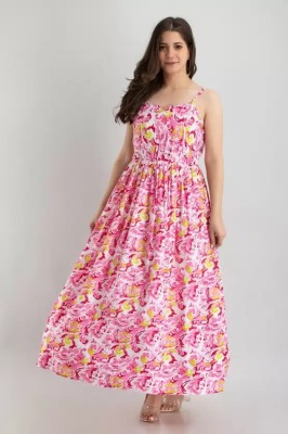 Labisa Women Fit and Flare Pink, Yellow, White Dress