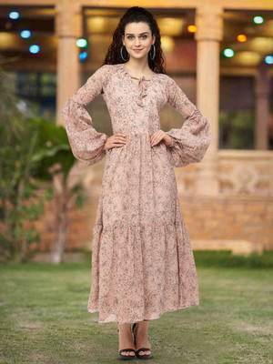 Moda Rapido Women Fit and Flare Pink Maxi/Full Length Dress