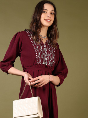 V-MART Women Fit and Flare Maroon Knee Length Dress