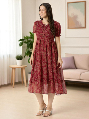 GROMint Women Fit and Flare Maroon Midi/Calf Length Dress