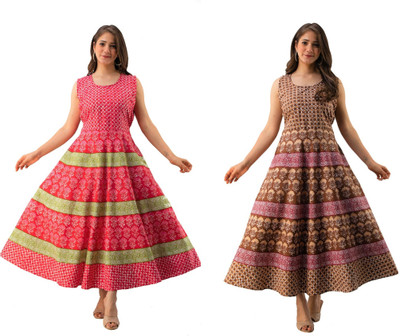 NUWAAL Women A-line Multicolor Maxi/Full Length Dress