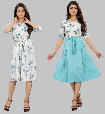 Modli 20 Fashion Women Fit and Flare Light Blue, White Below Knee Dress