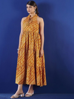 ANOUK Women Fit and Flare Yellow Maxi/Full Length Dress