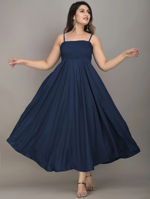 VYMO Women Fit and Flare Dark Blue Maxi/Full Length Dress