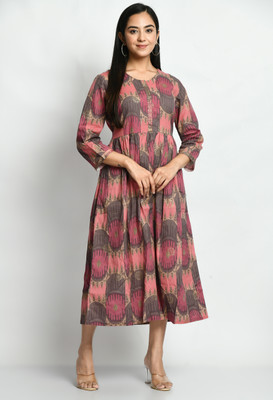MAURYA Women Fit and Flare Beige, Grey, Pink Midi/Calf Length Dress