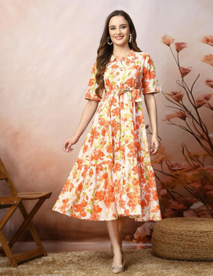 MARWAR ART Women A-line Orange Ankle Length Dress