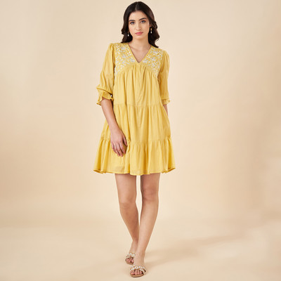 Akkriti by Pantaloons Women Fit and Flare Beige Above Knee/Mid Thigh Length Dress
